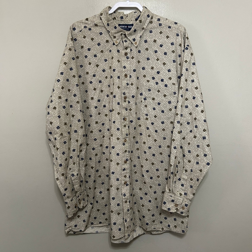 American Blue Button Down Shirt Mens 2XLT Tan Geometric Floral Cotton Retro Tall